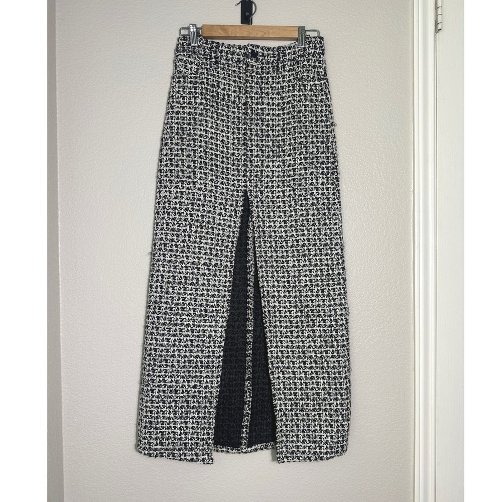 Alice + Olivia Rye Tweed Maxi Skirt 0 Black White High Slit Luxury Dark Academia - Picture 3 of 14